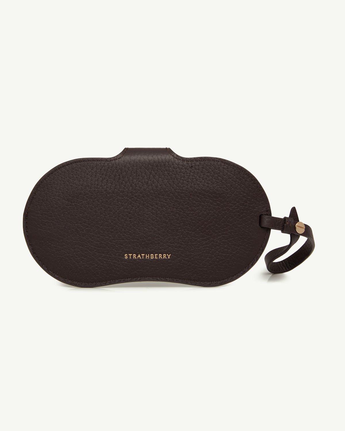 Espresso oxblood leather sunglasses case with gold Strathberry logo and strap.