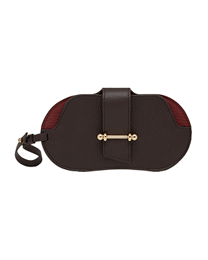 Two-tone espresso and oxblood leather sunglasses case with gold bar clasp.