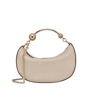 Oat crescent-shaped mini bag with gold chain strap and polished bead handle.