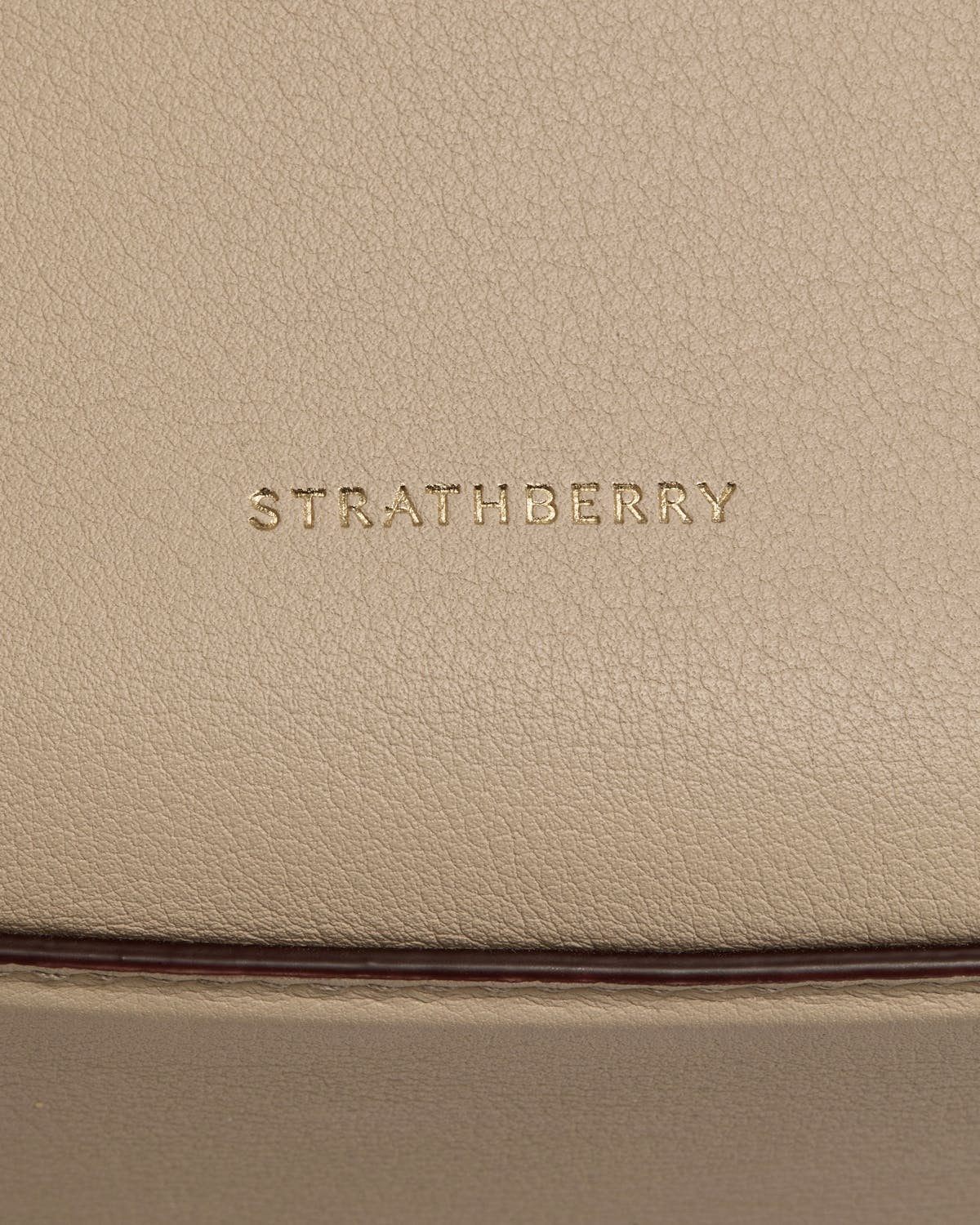 Close-up of oat-coloured leather with Strathberry gold logo and edge piping