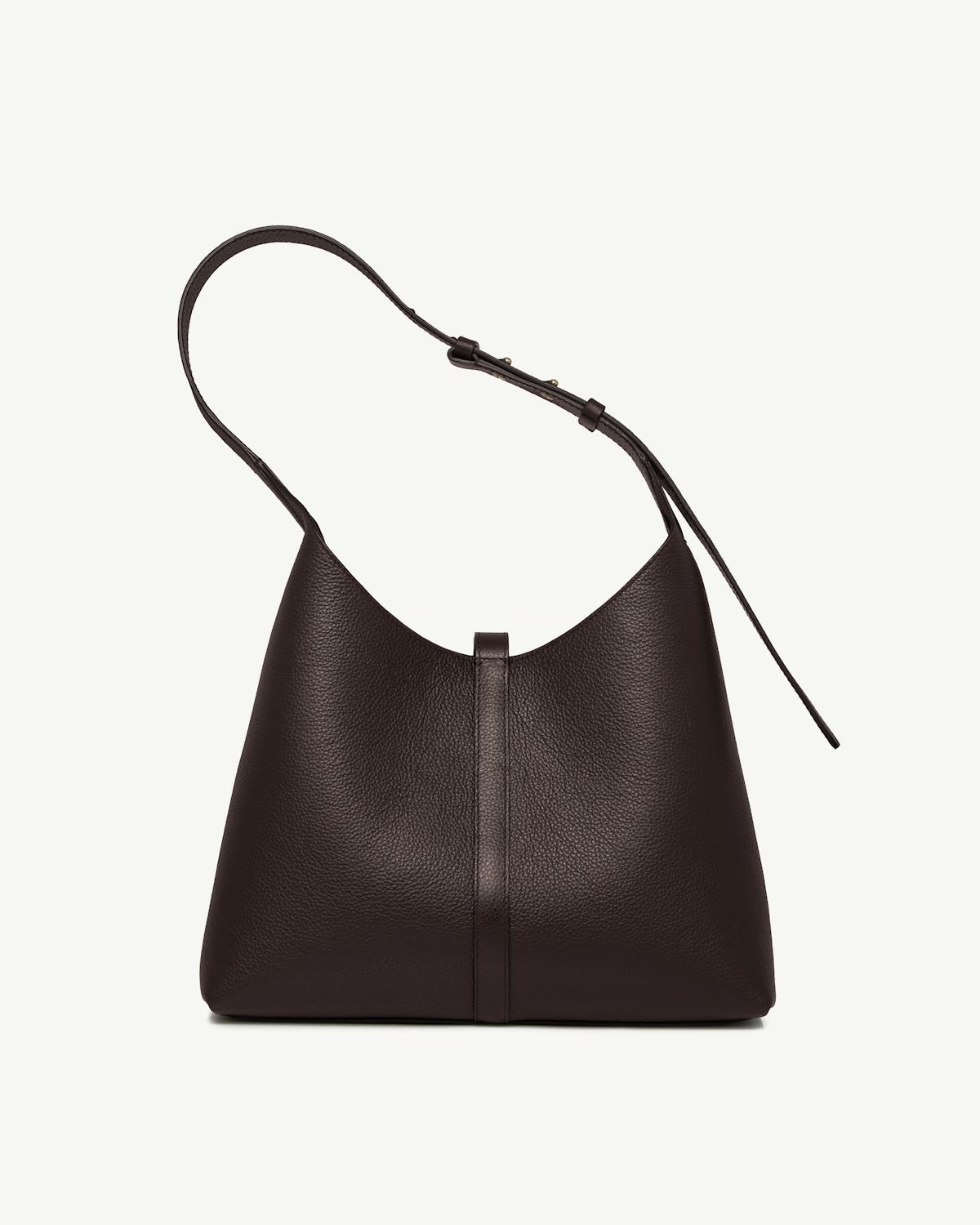 Espresso pebbled leather hobo bag with single adjustable shoulder strap and central seam