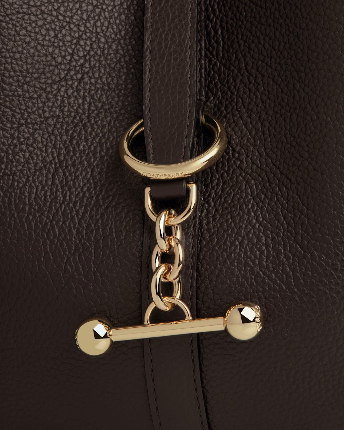 Strathberry Kite Hobo espresso leather with gold toggle and chain hardware.