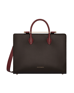 Strathberry espresso leather tote with oxblood handles and detachable shoulder strap