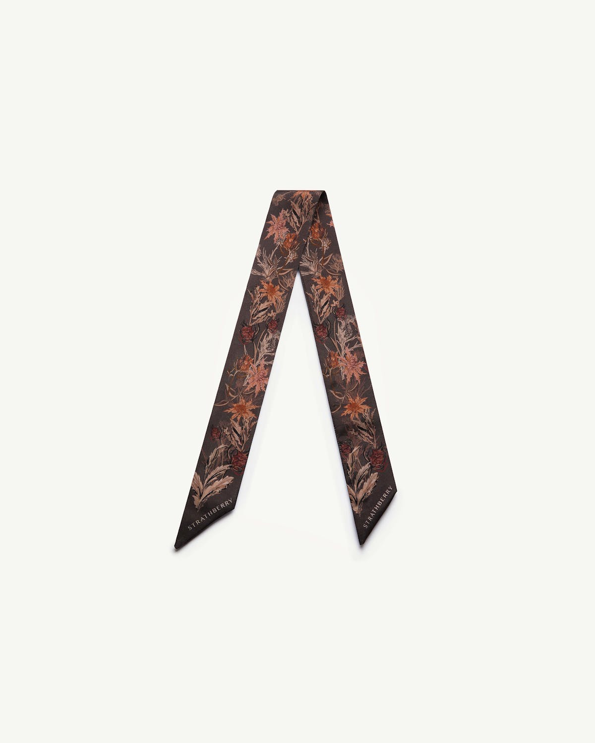 Espresso thistle print silk skinny scarf with Strathberry wordmark on tips.