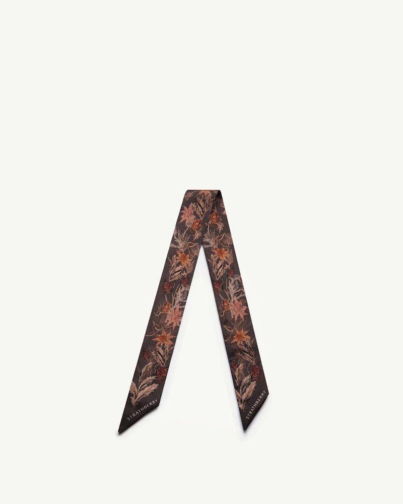 Espresso thistle print silk skinny scarf with Strathberry logo at ends.
