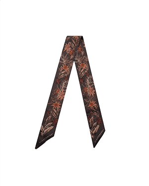 Espresso thistle print silk skinny scarf displayed in V shape.