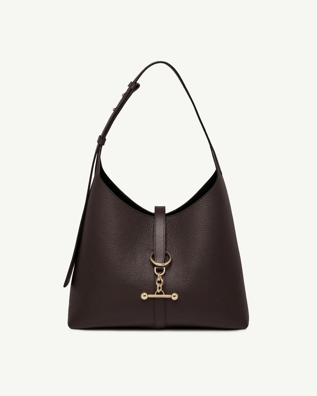 Espresso leather Kite Hobo bag with single shoulder strap and gold T-bar charm.