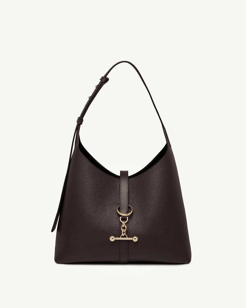 Espresso leather Kite Hobo bag with single shoulder strap and gold T-bar hardware.