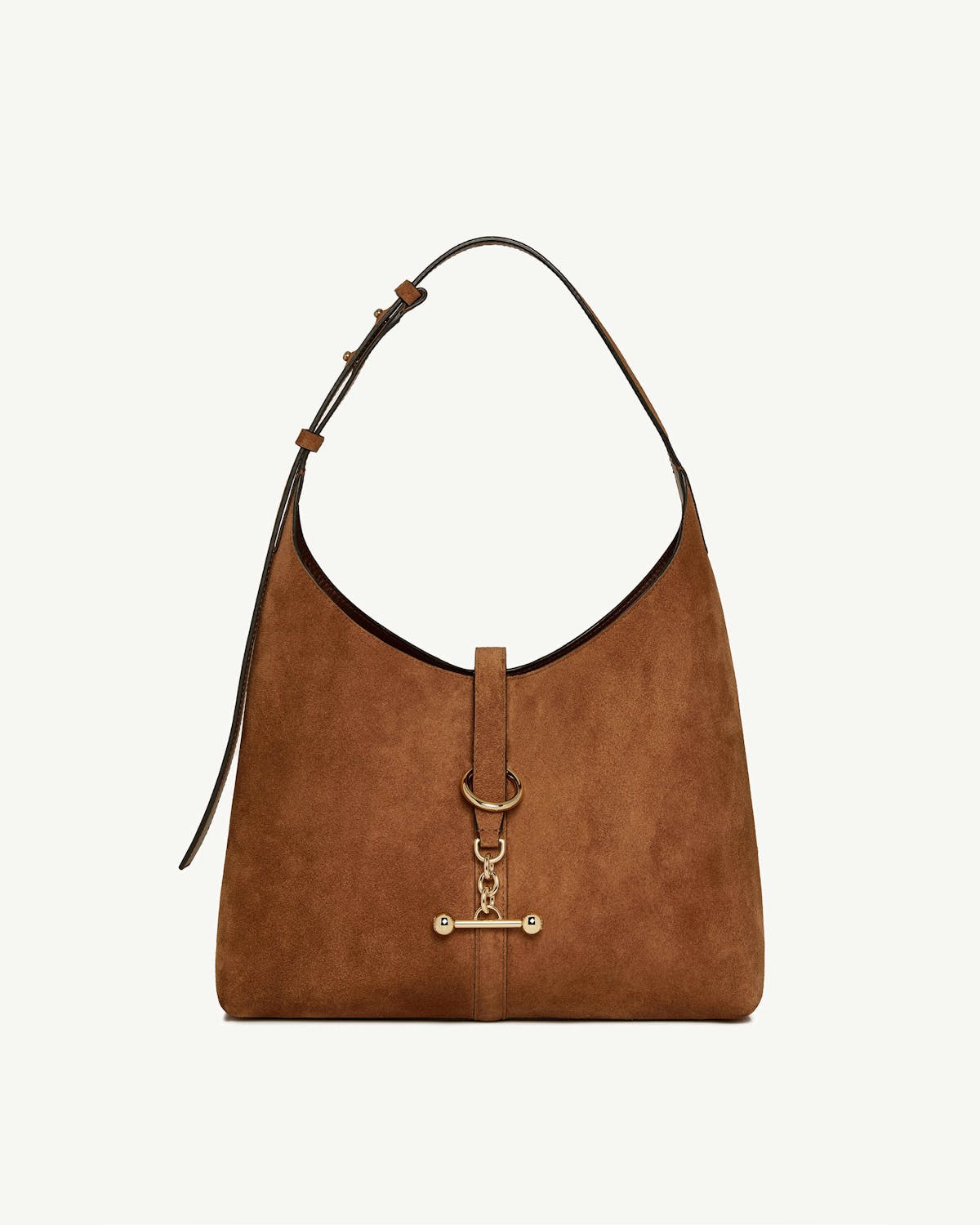 Tan suede kite hobo bag with single adjustable shoulder strap and gold-tone T-bar hardware.