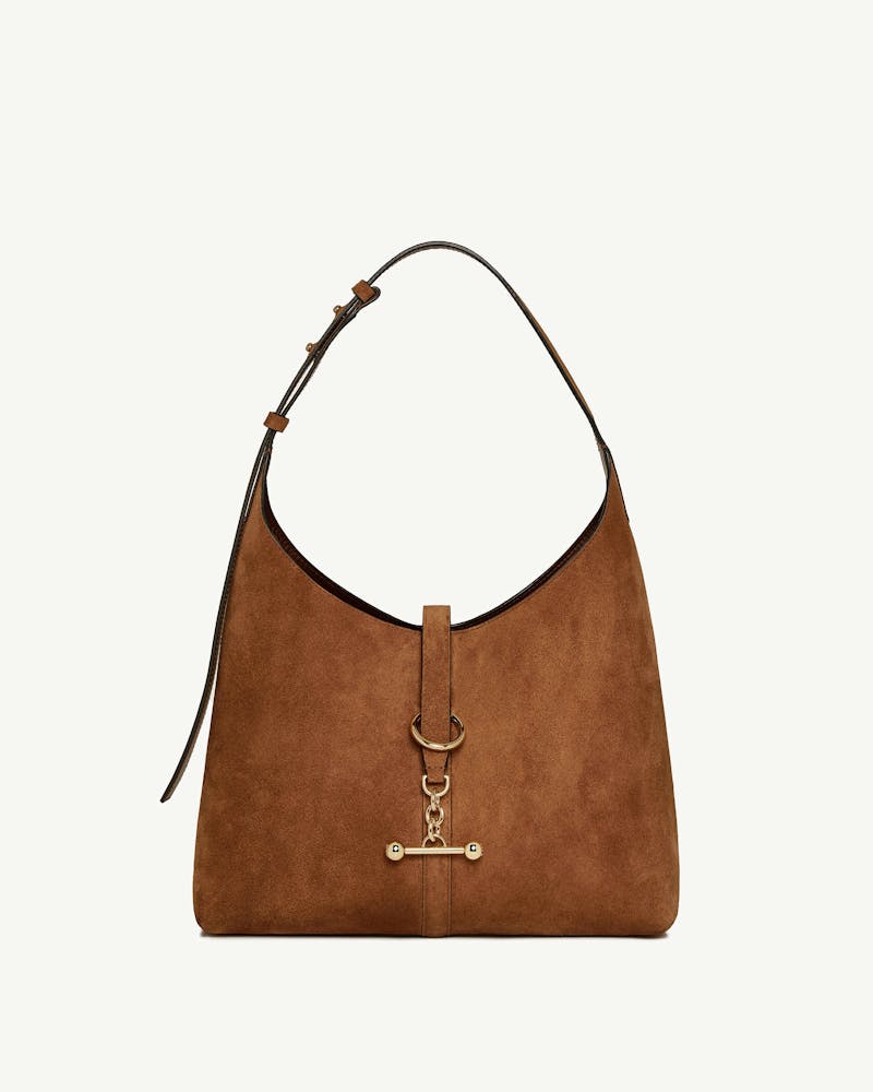 Tan suede kite hobo bag with single shoulder strap and gold front hardware.