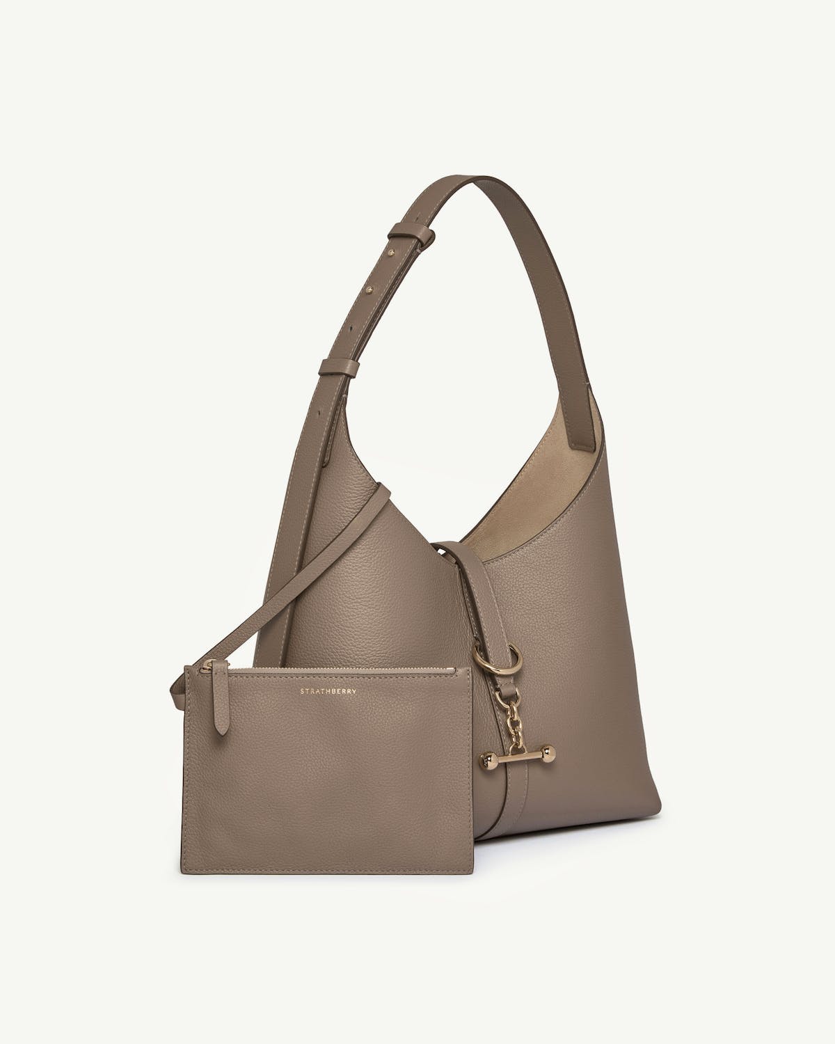 Taupe leather kite hobo bag with detachable pouch and gold hardware, Strathberry.