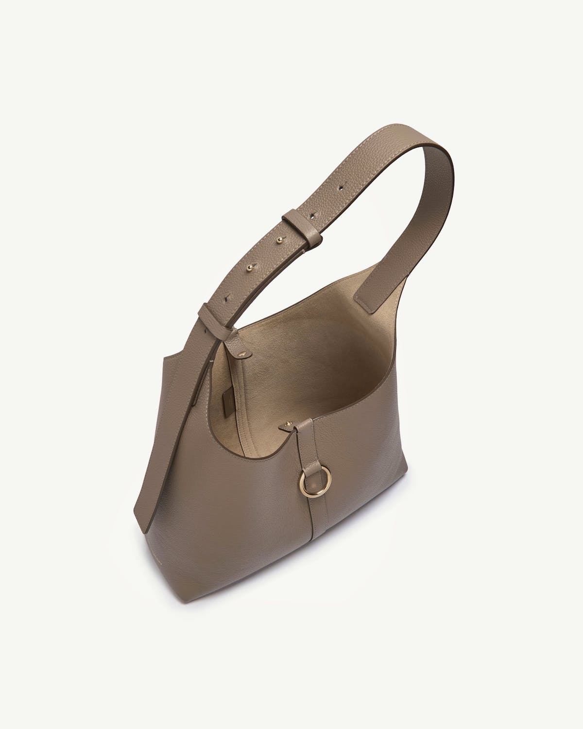 Taupe leather hobo bag with adjustable shoulder strap and gold ring detail
