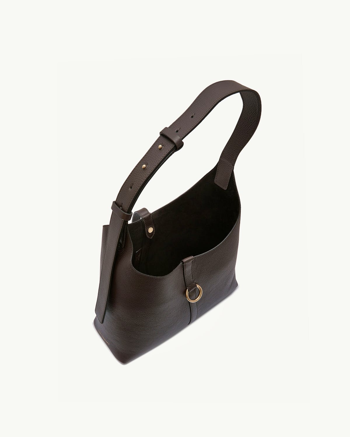 Kite hobo in espresso leather with open top, adjustable strap and gold ring.