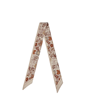 Silk skinny scarf with townhouse print in beige and brown tones.