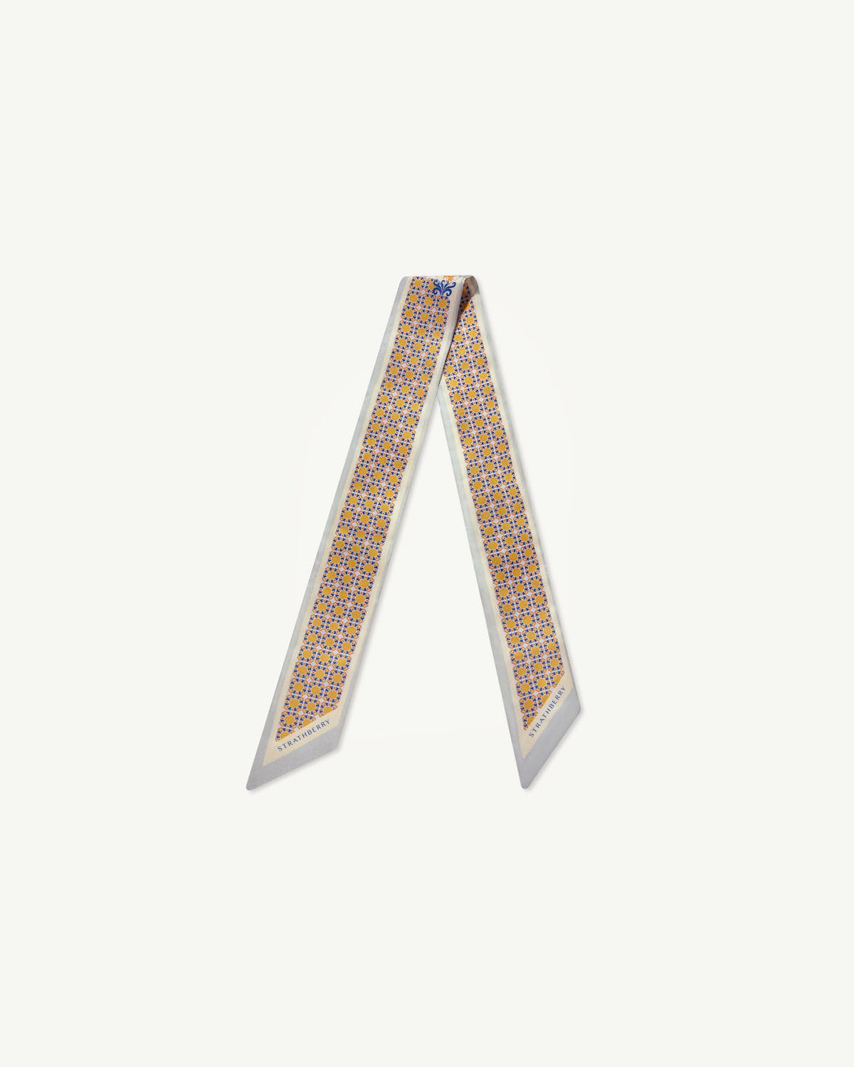 Strathberry silk skinny scarf with geometric tile marble grey and brûlée pattern