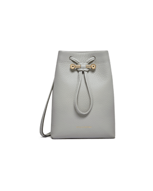 Marble grey leather midi pouch with drawstring closure and thin shoulder strap