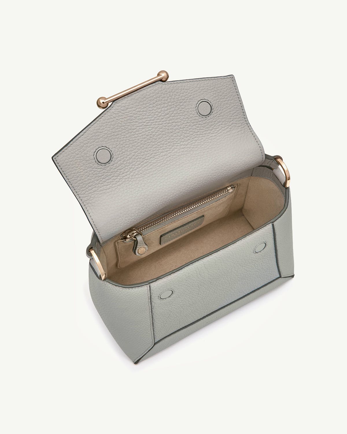 Marble grey mosaic bag open top showing beige interior zip pocket and gold hardware.