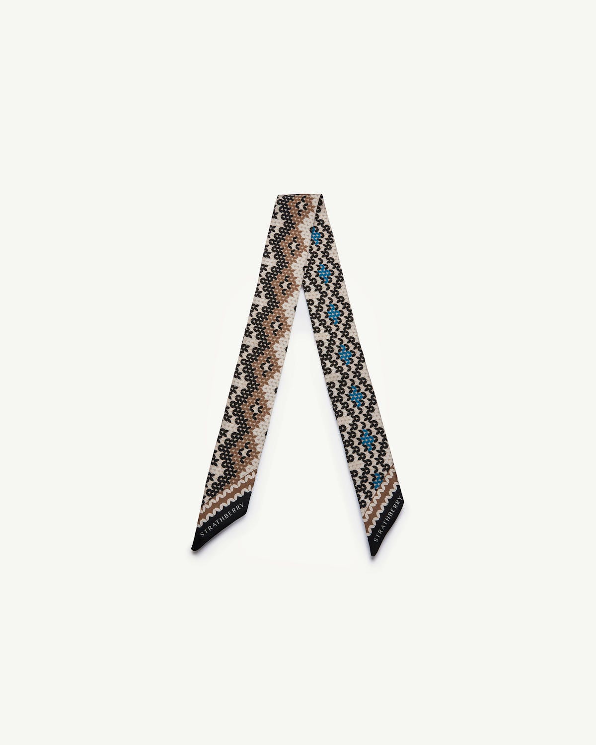 Chestnut and blue Fair Isle silk skinny scarf with Strathberry logo on tips.