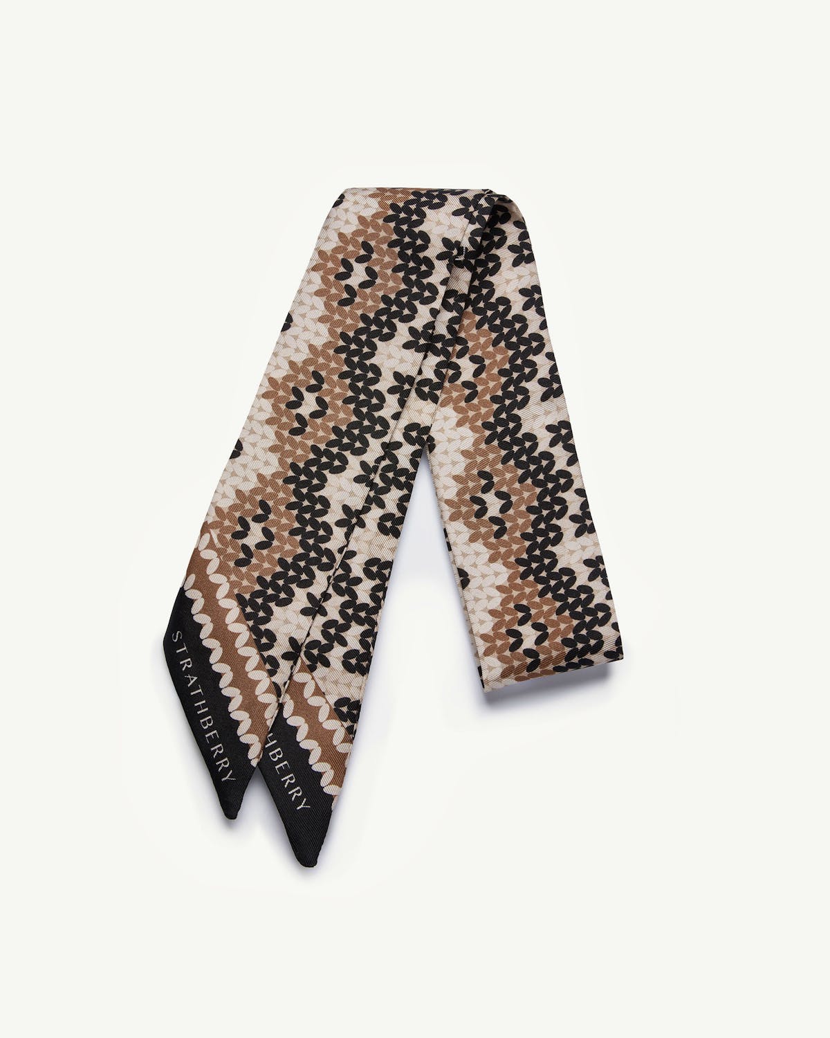 Chestnut and black Fair Isle silk skinny scarf with Strathberry logo on tip.