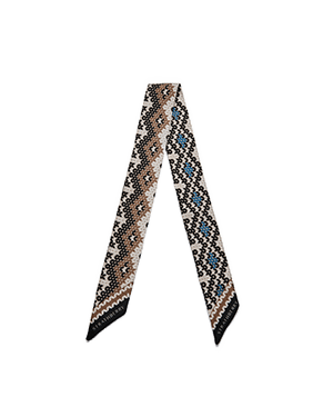 Chestnut and blue Fair Isle silk skinny scarf with geometric pattern