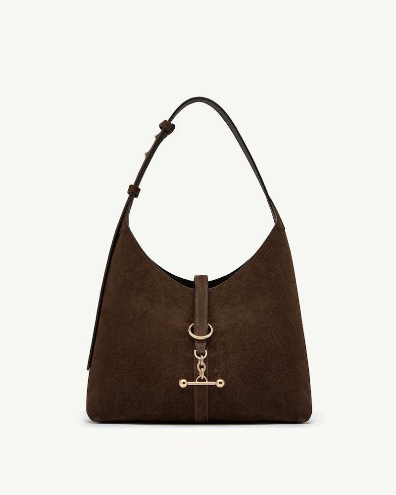 Chocolate suede Kite Hobo bag with single shoulder strap and gold hardware.