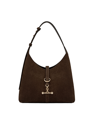 Chocolate suede hobo bag with gold-tone ring, decorative bar hardware and shoulder strap.