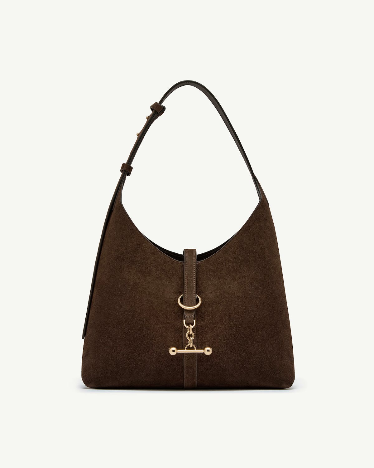 Chocolate suede Kite Hobo bag with single shoulder strap and gold bar charm.
