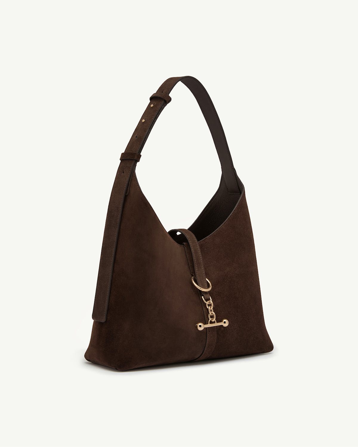 Chocolate suede Kite hobo bag with adjustable shoulder strap and gold bar charm.