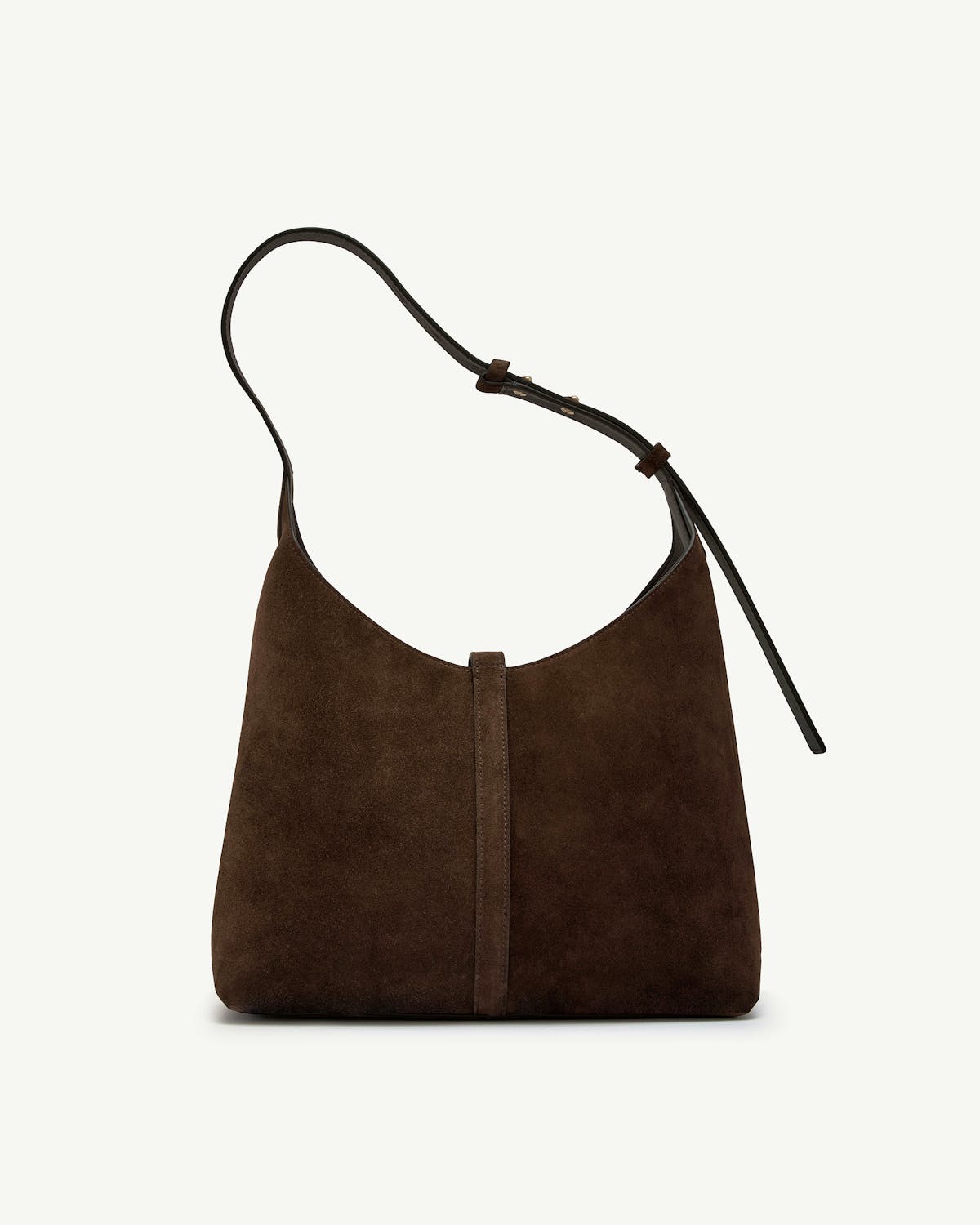 Chocolate suede hobo bag with single adjustable shoulder strap and central vertical seam.