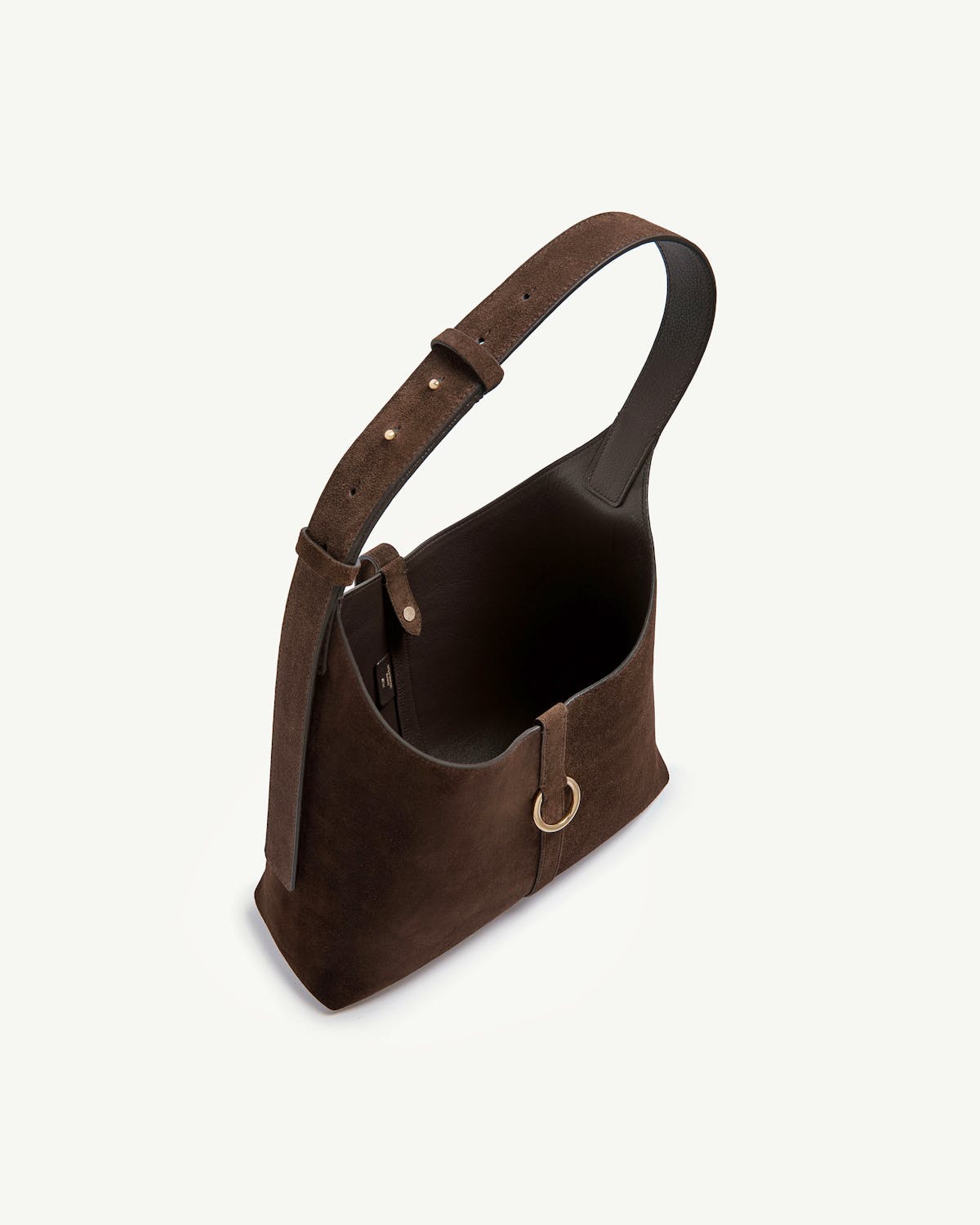 Chocolate suede hobo bag with single adjustable shoulder strap and gold ring detail