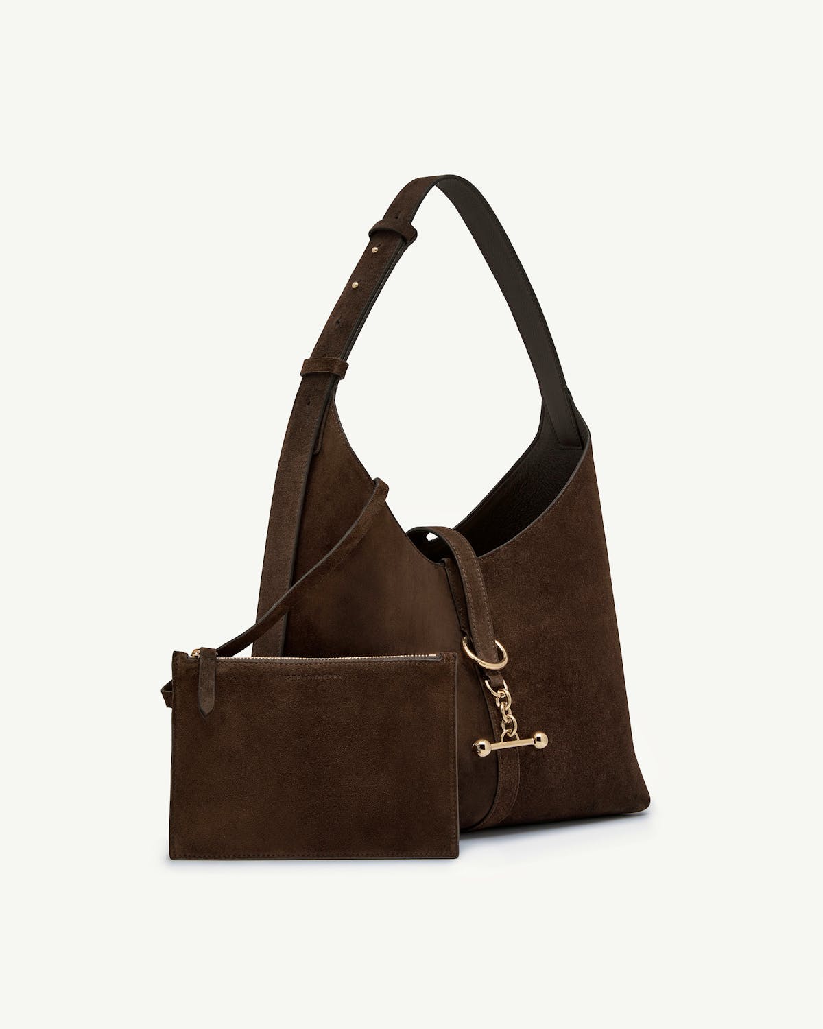 Chocolate suede Kite Hobo bag with adjustable shoulder strap, detachable pouch, gold hardware.