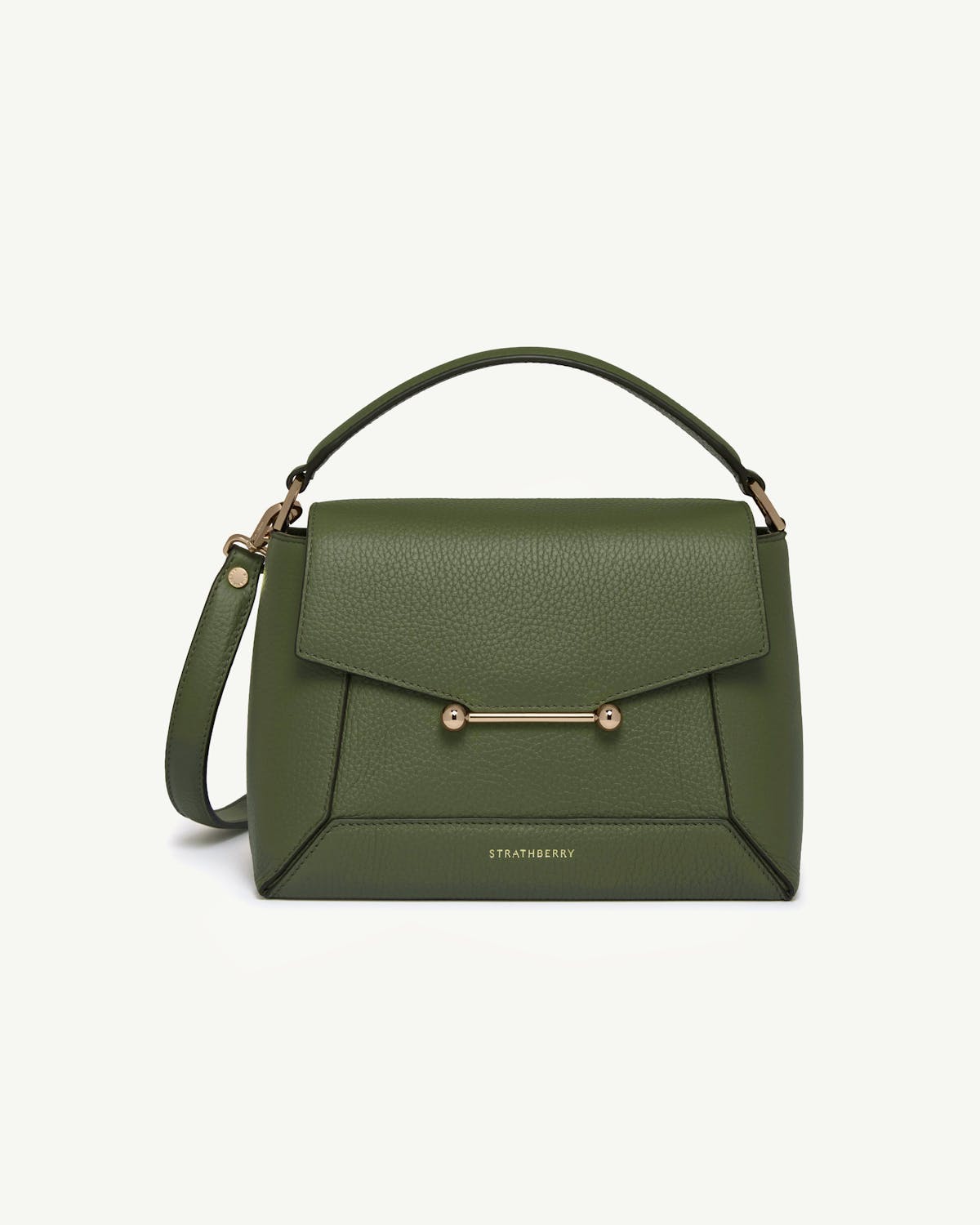 Strathberry pine green mosaic bag with top handle, removable shoulder strap and gold bar