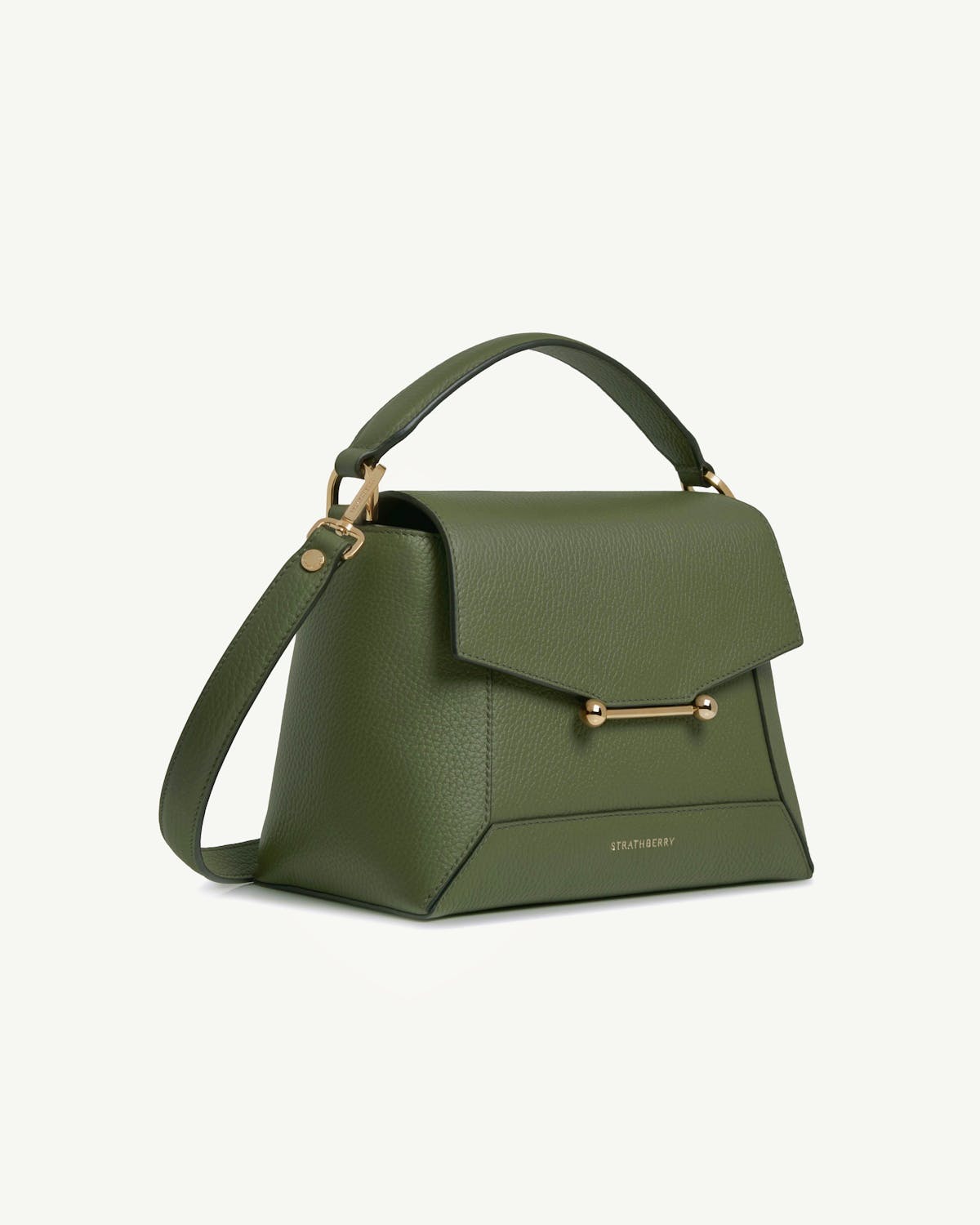 Pine green Strathberry mosaic bag with top handle, detachable strap, gold bar clasp.