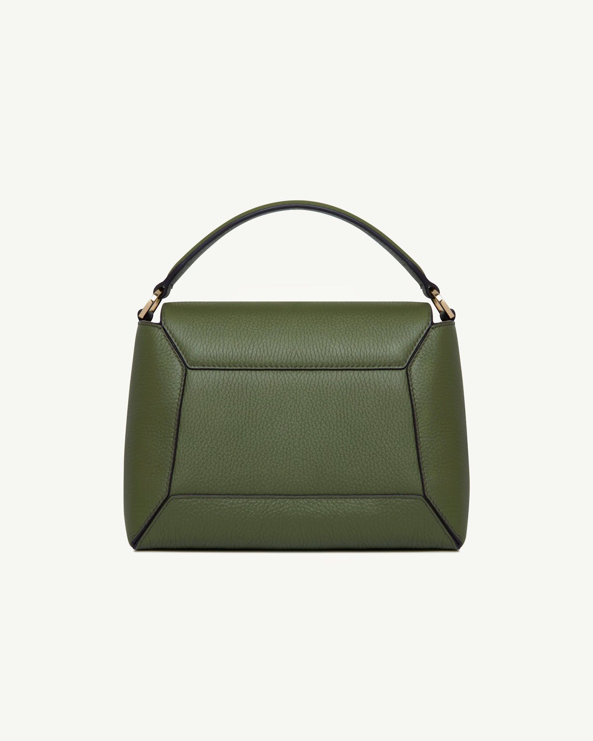 Pine green mosaic bag with top handle and geometric panel detailing.