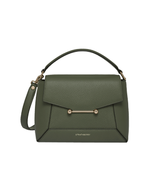 Strathberry pine green mosaic bag with top handle, detachable shoulder strap, gold bar hardware.