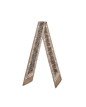 Silk skinny scarf in geometric caramel print with tapered ends