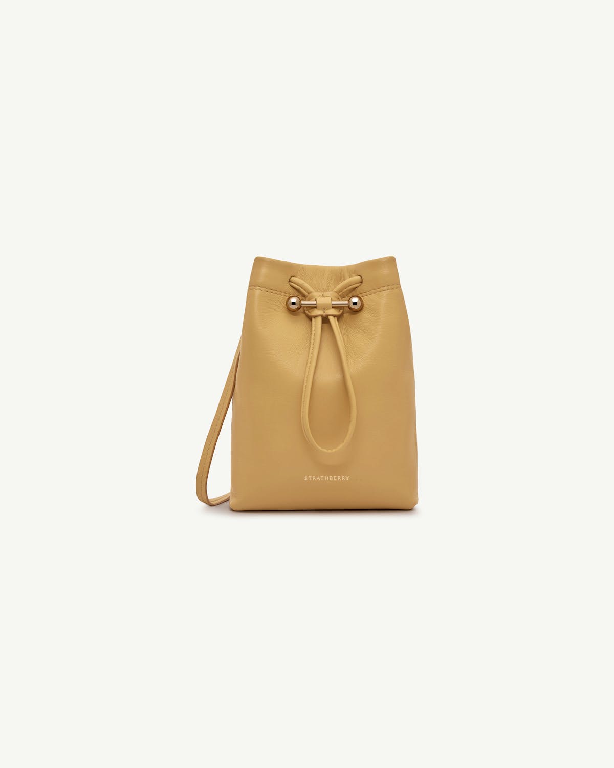 Strathberry Osette midi pouch in brûlée leather with drawstring and shoulder strap