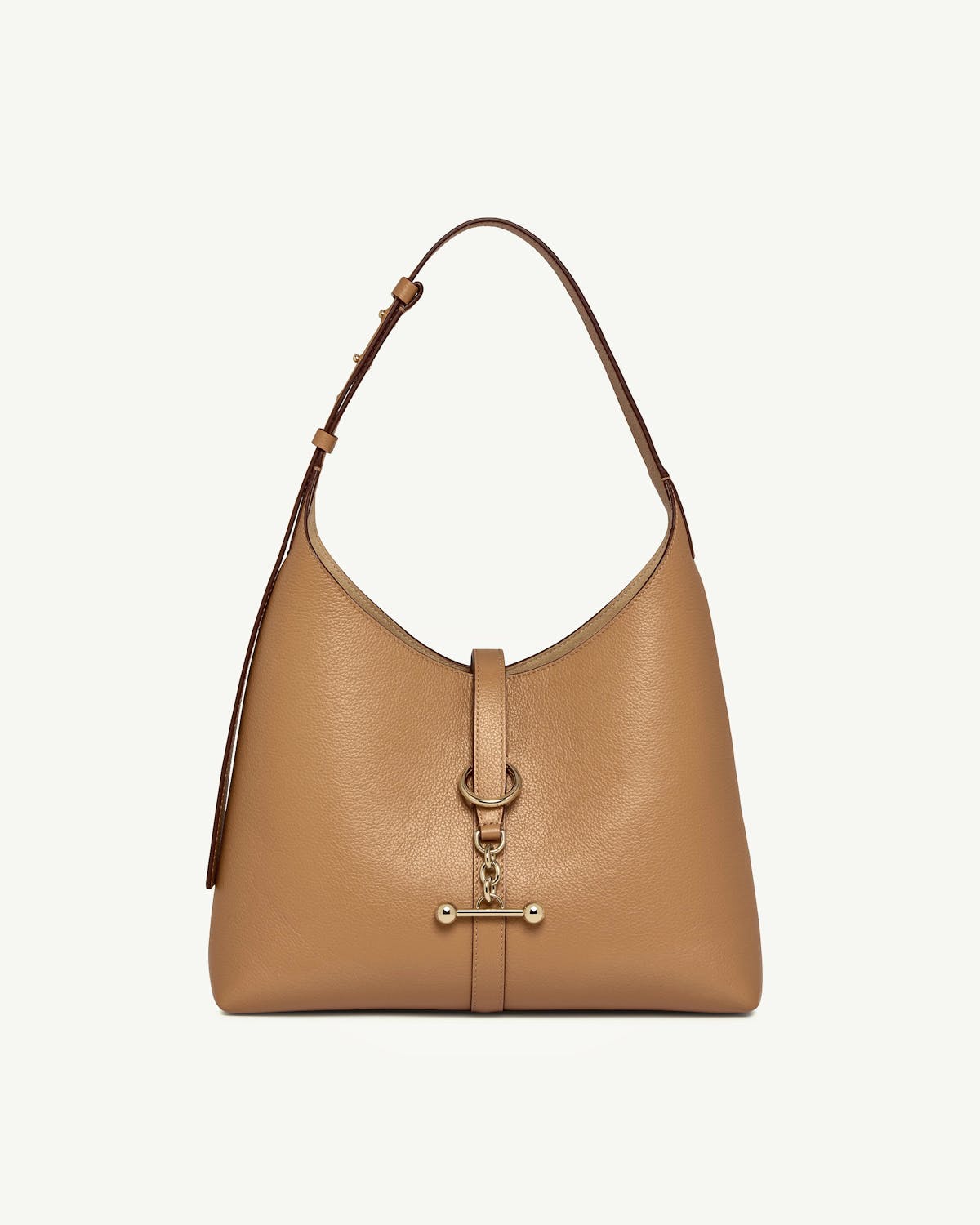 Caramel Kite hobo bag with adjustable shoulder strap and gold-tone bar clasp.