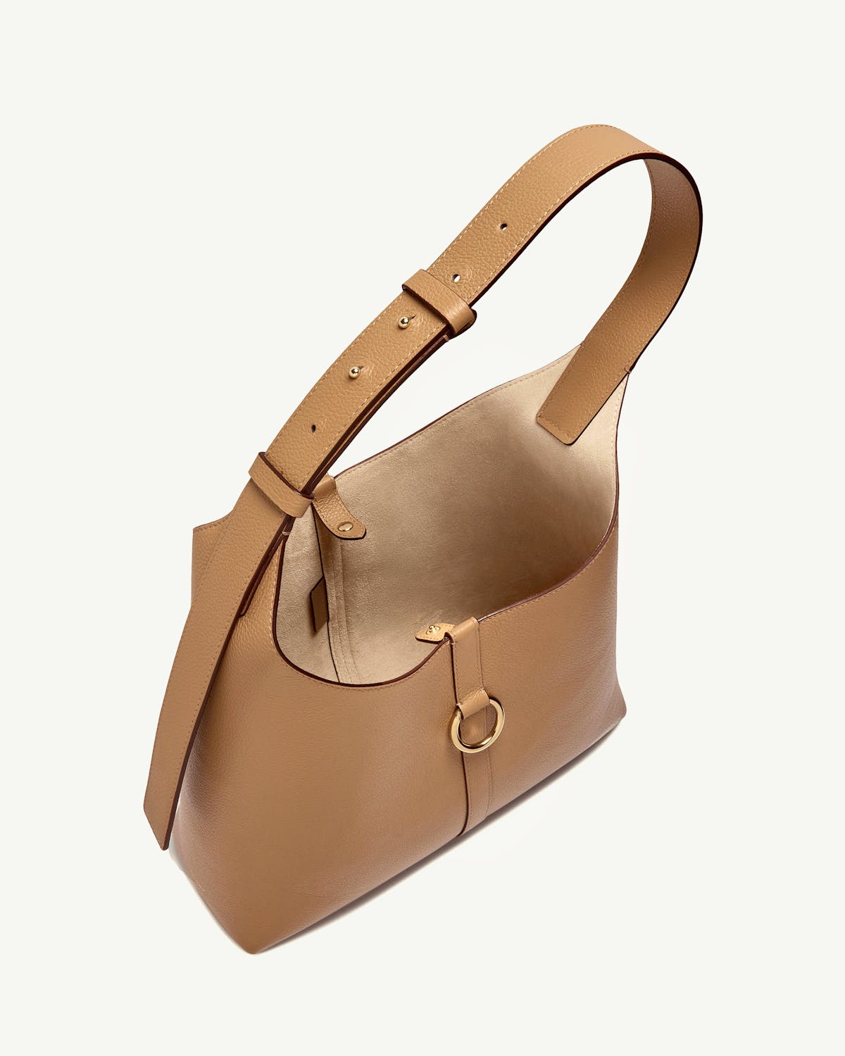 Caramel leather kite hobo bag with open top, single adjustable shoulder strap and gold ring