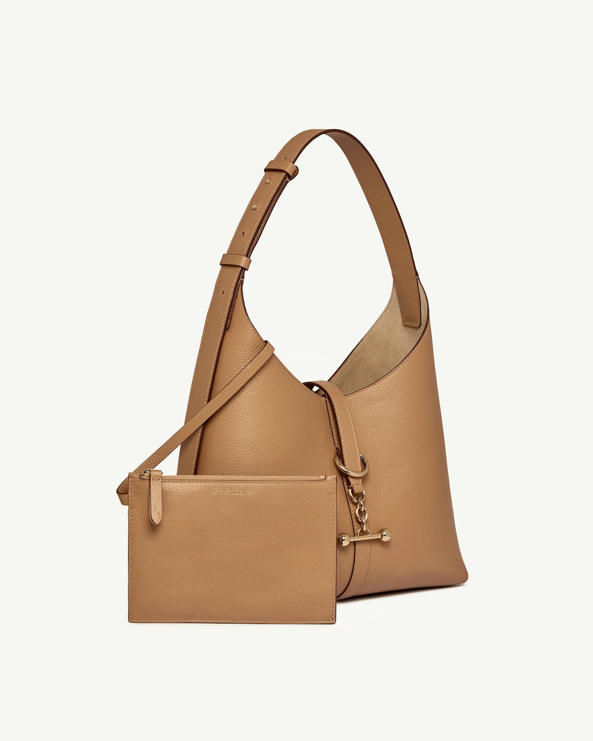 Caramel leather Kite hobo bag with adjustable shoulder strap, matching pouch, gold hardware charm
