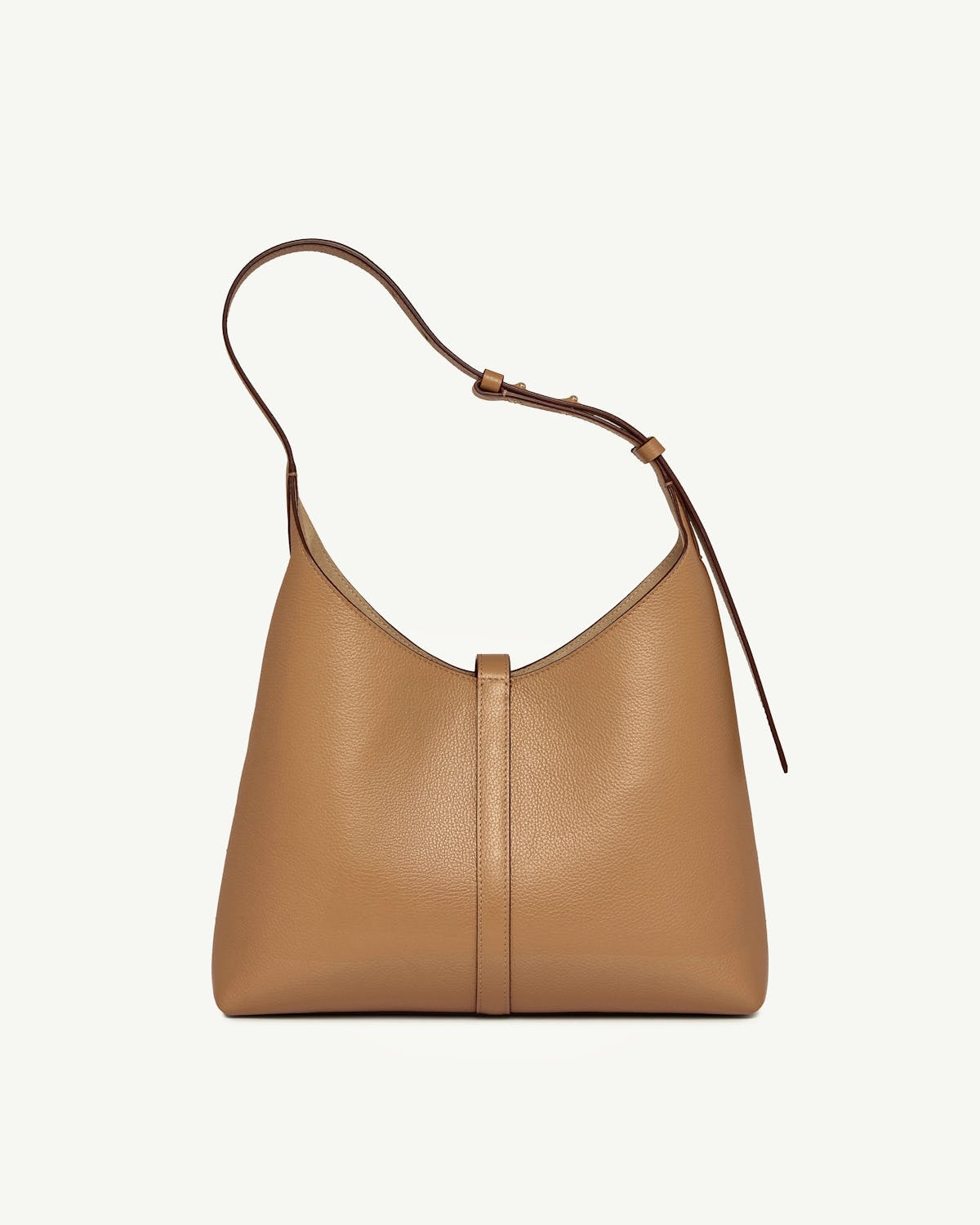 Caramel leather hobo bag with single shoulder strap and centre seam.