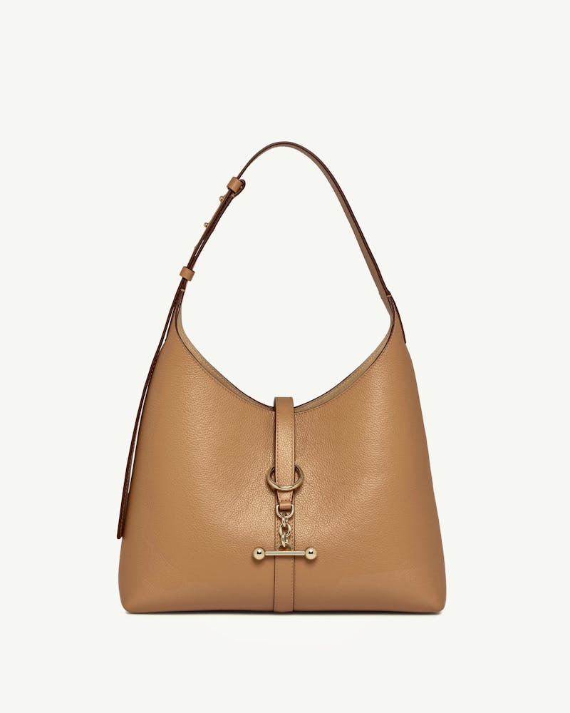 Caramel pebbled leather Kite Hobo bag with single shoulder strap and gold fittings
