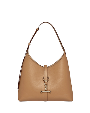Caramel leather Kite Hobo bag with single shoulder strap and front T-bar fastening.