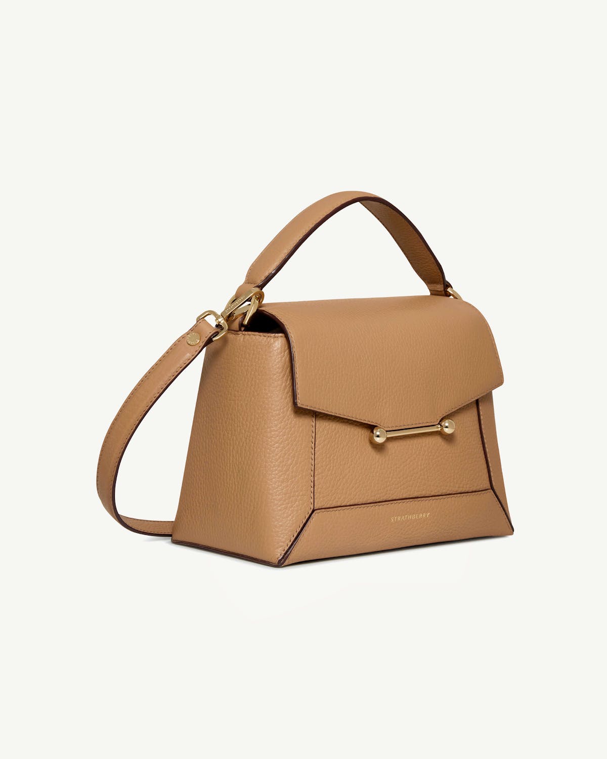 Caramel Strathberry Mosaic bag with top handle, shoulder strap and gold bar hardware.
