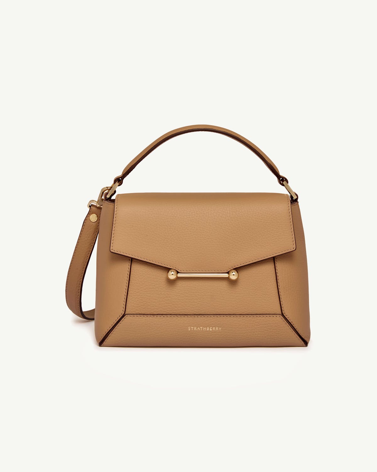 Caramel mosaic bag with top handle, detachable strap, gold bar hardware, Strathberry logo
