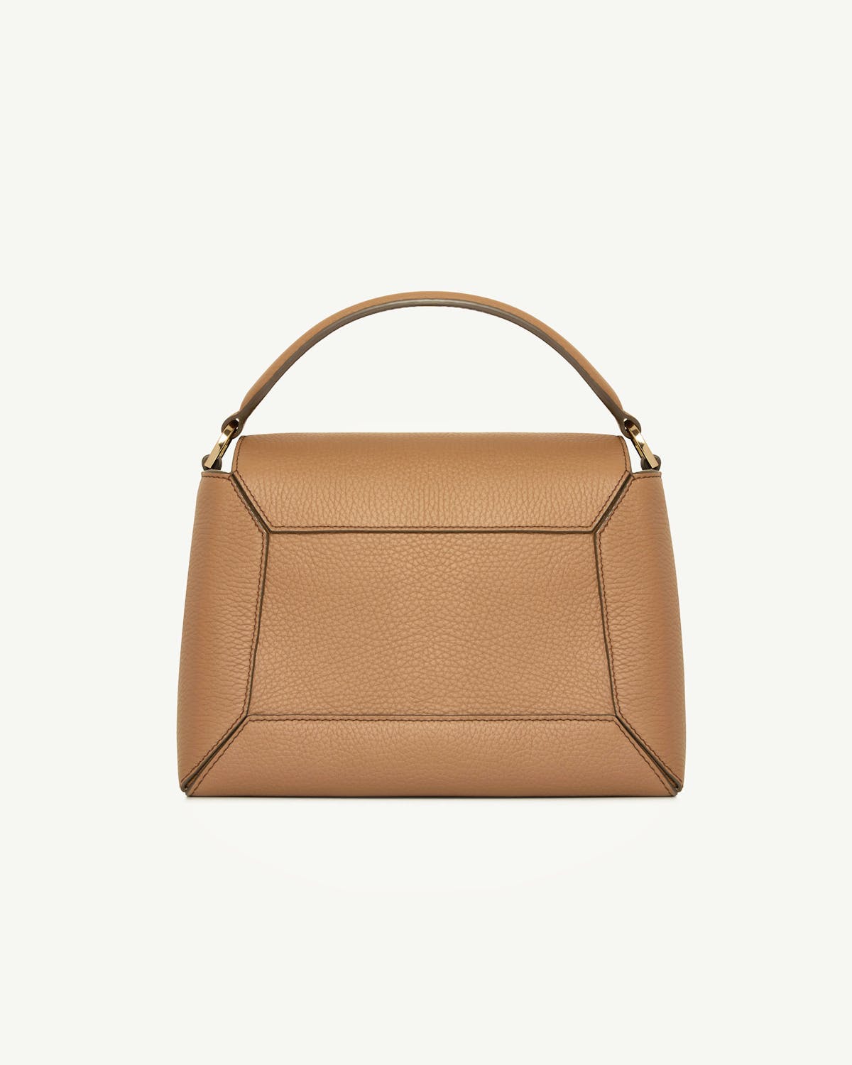 Caramel leather mosaic bag with top handle and geometric stitched panels.
