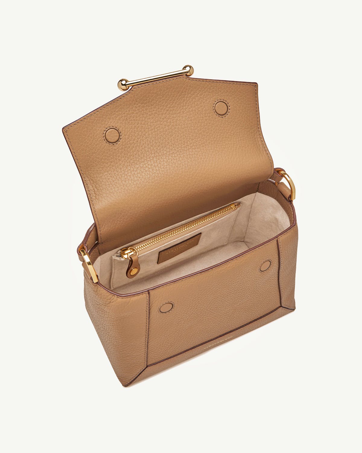 Caramel mosaic bag open, showing suede interior, zip pocket and gold hardware.