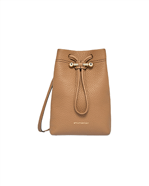 Caramel leather Osette midi pouch with drawstring closure, strap and Strathberry logo.