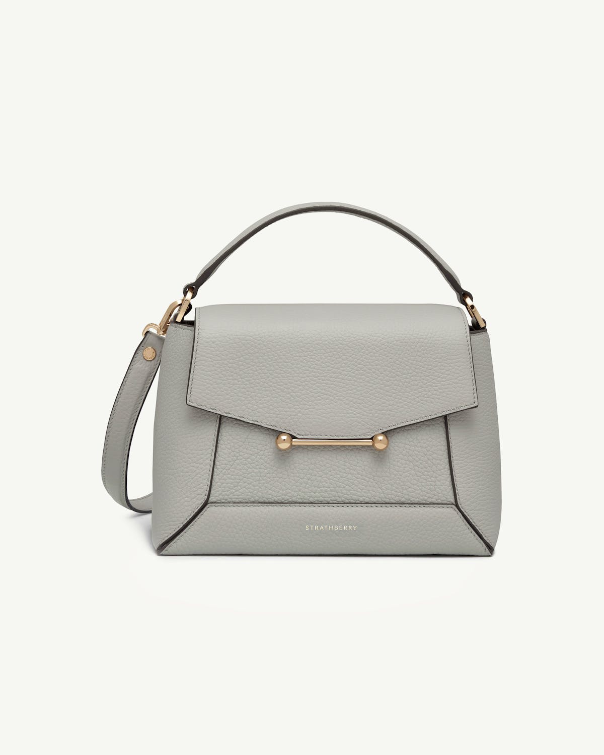 Strathberry marble grey mosaic bag with top handle, detachable shoulder strap, gold bar fastener.