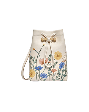 White pouch with wildflower print, drawstring top and slim shoulder strap